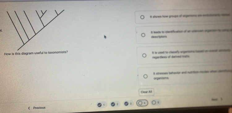 It shows how groups of orgamems are solulomedy sot
4.
It leads to identification of an unknown arganen sueg o
descriptors.
How is this diagram useful to taxo
It is used to classify organisms tased on vet ants 
regardless of disived mits.
It stresses behavior and nutrition modle when demiis 
organisms.
Clear All
《 Previous 0mst: