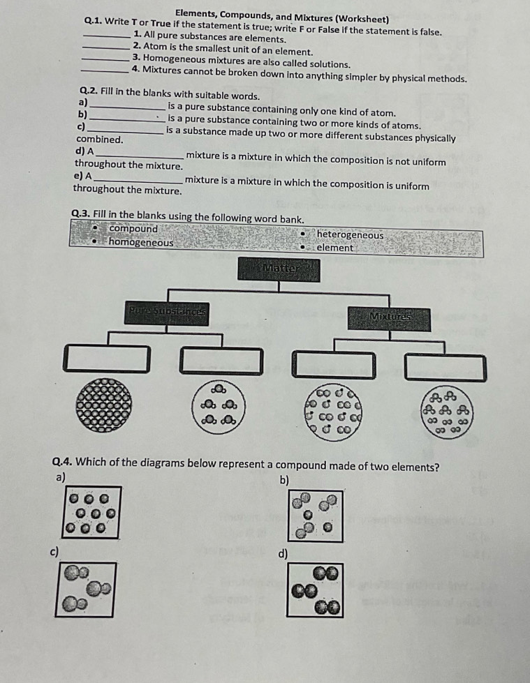 Elements, Compounds, and Mixtures (Worksheet)
_Q.1. Write T or True if the statement is true; write F or False if the statement is false.
1. All pure substances are elements.
_2. Atom is the smallest unit of an element.
_3. Homogeneous mixtures are also called solutions.
_4. Mixtures cannot be broken down into anything simpler by physical methods.
Q.2. Fill in the blanks with suitable words.
a)_ is a pure substance containing only one kind of atom.
b)_ is a pure substance containing two or more kinds of atoms.
c)_ is a substance made up two or more different substances physically
combined.
d) A _mixture is a mixture in which the composition is not uniform
throughout the mixture.
e) A_ mixture is a mixture in which the composition is uniform
throughout the mixture.
Q.3. Fill in the blanks using the following word bank.
compound heterogeneous
homogeneous element
Q.4. Which of the diagrams below represent a compound made of two elements?
a)
b)
c)
d)