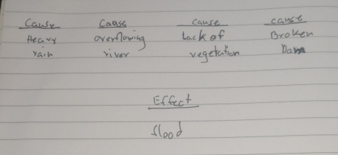 Cause Caase cause caust 
lack of Broken 
Hhecvy overfoving viver vegetation Dame 
rach 
Effect 
flood