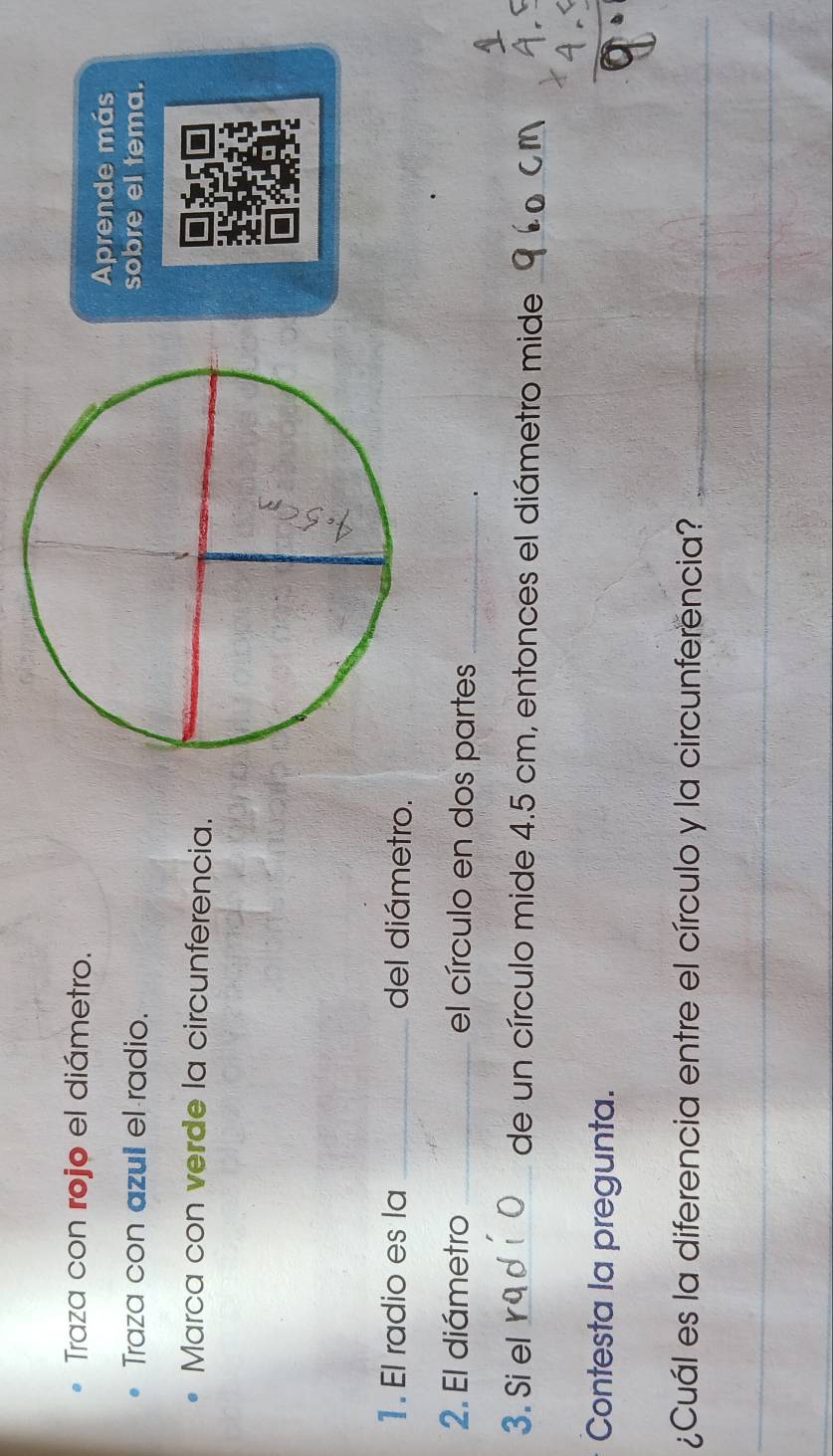 Traza con rojo el diámetro. 
Aprende más 
Traza con azull el radio.sobre el tema. 
Marca con verde la circunferencia. 
1. El radio es la _del diámetro. 
2. El diámetro _el círculo en dos partes_ 
1 
3. Si el _de un círculo mide 4.5 cm, entonces el diámetro mide_ 
Contesta la pregunta. 
¿Cuál es la diferencia entre el círculo y la circunferencia?_ 
_ 
_