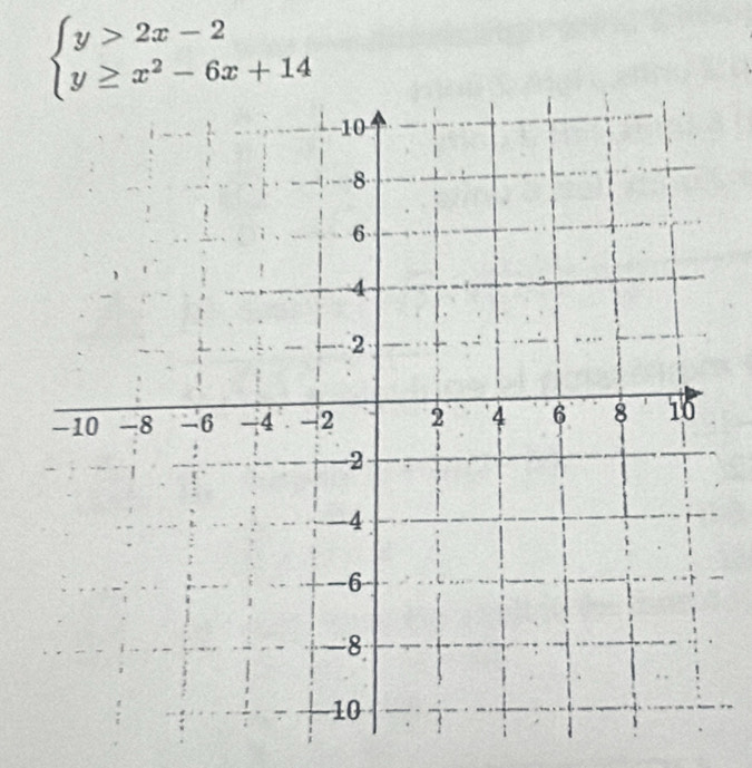 beginarrayl y>2x-2 y≥ x^2-6x+14endarray.