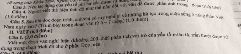 rẽ sang nhà Khóa Trục, người bạn 
Câu 3. Nêu tác dụng của yếu tổ phi hư cấu được sự dụng 
Câu 4. Người viết thể hiện thái độ như thế nào đối với vấn đề được phản ánh trong đoạn trích trên 
(1,0 điểm) 
Câu 5. Sau khi đọc đoạn trích, anh/chị có suy nghĩ gì về những hủ tục trong cuộc sống ở nông thôn Việt 
Nam ngày xưa? (Trình bày trong đoạn văn từ 5 - 7 dòng) (1,0 điểm) 
As 
II. VIÉT (6,0 điểm) 
Câu 1. (2,0 điểm) 
Viết một đoạn văn nghị luận (khoảng 200 chữ) phân tích vai trò của yếu tố miêu tả, trần thuật được sử 
dụng trong đoạn trích đã cho ở phần Đọc hiều. 
( 49 điểm) b h i thơ