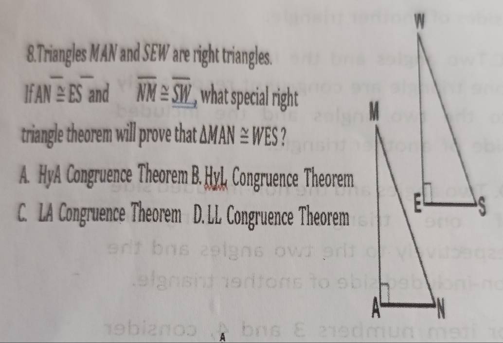 Triangles MAN and SEW are right triangles.
IfANoverline ≌ Eoverline S and overline NM≌ overline _ SW , what special right
triangle theorem will prove that △ MAN≌ WES 7
A. HyA Congruence Theorem B. HyL, Congruence Theorem
C. LA Congruence Theorem D.LL Congruence Theorem