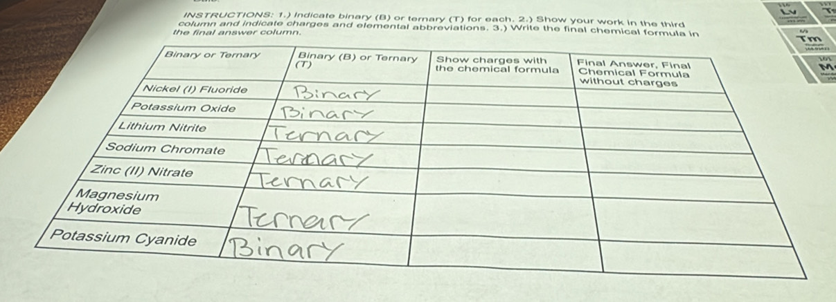 INSTRUCTIONS: 1.) Indicate binary (B) or ternary (T) for each. 2.) Show your work in the third 
column and indicate charges and elemental abbreviations. 3.) Write the final chemical formula in 
the final answer column. 

61
M