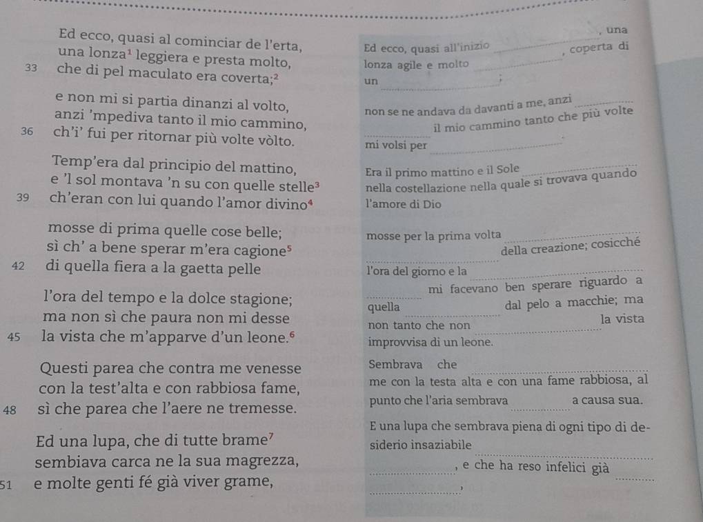 una
Ed ecco, quasi al cominciar de l’erta, Ed ecco, quasi all'inizio_
_
, coperta di
una lonza¹ leggiera e presta molto,
lonza agile e molto
33 che di pel maculato era coverta;²
un_
*
e non mi si partia dinanzi al volto,
non se ne andava da davantí a me, anzi_
anzi ’mpediva tanto il mio cammino,
il mio cammino tanto che più volte
36 ch’i’ fui per ritornar più volte vòlto. mi volsi per_
.
Temp’era dal principio del mattino, Era il primo mattino e il Sole_
e ’l sol montava ’n su con quelle stelle³ nella costellazione nella quale si trovava quando
39 ch’eran con lui quando l’amor divino⁴ l'amore di Dio
mosse di prima quelle cose belle;
mosse per la prima volta
_
_
sì ch' a bene sperar m'era cagione⁵
della creazione; cosicché
42 di quella fiera a la gaetta pelle l'ora del giorno e la_
_
mi facevano ben sperare riguardo a
l’ora del tempo e la dolce stagione;
quella dal pelo a macchie; ma
ma non sì che paura non mi desse _la vista
non tanto che non_
45 la vista che m’apparve d’un leone.“ improvvisa di un leone.
Questi parea che contra me venesse Sembrava che_
con la test’alta e con rabbiosa fame, me con la testa alta e con una fame rabbiosa, al
48 sì che parea che l’aere ne tremesse. punto che l’aria sembrava_ a causa sua.
E una lupa che sembrava piena di ogni tipo di de-
_
Ed una lupa, che di tutte brame’ siderio insaziabile
sembiava carca ne la sua magrezza, _, e che ha reso infelici già
51 e molte genti fé già viver grame,
_
_1