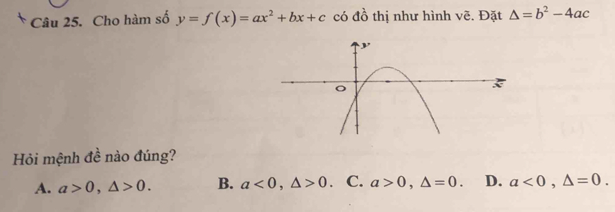 Cho hàm số y=f(x)=ax^2+bx+c có đồ thị như hình vẽ. Đặt △ =b^2-4ac
Hỏi mệnh đề nào đúng?
A. a>0, △ >0. B. a<0</tex>, △ >0 C. a>0, △ =0. D. a<0</tex>, △ =0.