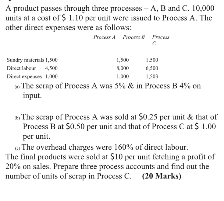 Solved: A product passes through three processes - A, B and C. 10,000 ...