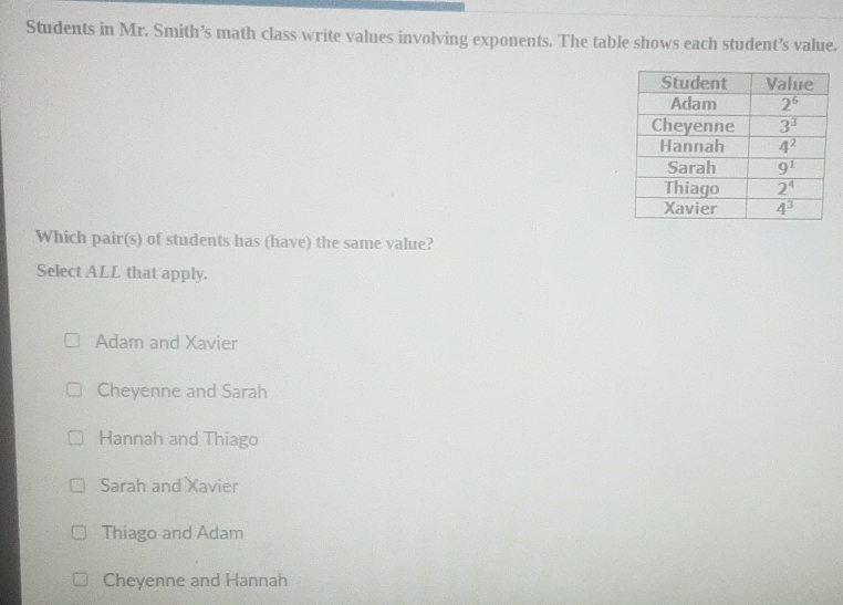 Students in Mr. Smith’s math class write values involving exponents. The table shows each student’s value.
Which pair(s) of students has (have) the same value?
Select ALL that apply.
Adam and Xavier
Cheyenne and Sarah
Hannah and Thiago
Sarah and Xavier
Thiago and Adam
Cheyenne and Hannah