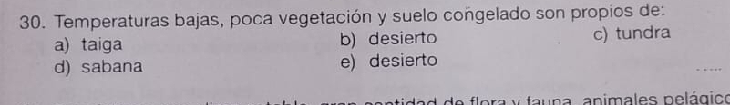 Temperaturas bajas, poca vegetación y suelo congelado son propios de:
a) taiga b) desierto c) tundra
d) sabana e) desierto
flora y fauna animales pelágico