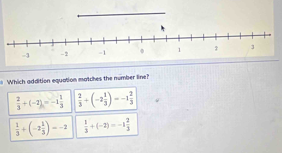 Which addition equation matches the number line?
 2/3 +(-2)=-1 1/3   2/3 +(-2 1/3 )=-1 2/3 
 1/3 +(-2 1/3 )=-2  1/3 +(-2)=-1 2/3 