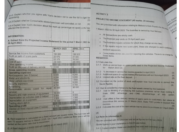 ACTIVITY 3
4.2. Explain whether you agree with Vusi's decision not to use the full budget for PROJECTED INCOME STATEMENT (45 marks; 25 minutes) 4 2. Expla
Advertising.
Advertising
14.3 Explain whether Consumable stores have been well controlled, or not (4) (3) You are provided with information relating to Mabuso's Auto Repairs for the pe  E
afected the business .
3.4.3 Exp
3,4.4 Explain how Vusi's decision about the mark-up percentage on spare parts has 1 March 2023 to 30 April 2023. The business is owned by Vusi Mabuso. affect
(4)
INFORMATION:
All transactions are strictly cash.
The financial year ends on 30 April each year.
A. Extract from the Projected Income Statement for the period 1 March 2023 to The business repairs vehicles for which they charge service fees
ril 2023:
If the repairs require new spare parts, these are charged to each customery
account separaielly.
Consumable stores are used for repairing the vehicles. There is no charge for
REQUIRED: these items.
3.1 Caliculate the:
3.1.1 Mark-up percentage on spare parts used in the Projected income Statement
for Mairch 2023 (3)
3.1.2 % decrease in service fee income expected in April 2023 (3)
3.1.3 Additional space (in square metres) the business will rent from April 2023 (4)
3.1.4 Interest rate on the fixed deposit
(5)
3.2 Comment on the control of stock and explain how Vusi intends to correct this.
Quole figures. (4)
3.3 Vusi is considering changes to the fixed assets owned by the business
3.3.1 Vusi is thinking of purchasing the business premises rather than renting it.
Suate ONE advantage and  ONE disadvantage of this option.
(4)
3.3.2 Vusi offers a free delivery service of spare parts to customers, but plans to
discontinue this service on 31 March 2023. State TWO points to support this
3.3.3 Calculate the cost of the new vehicle that he plans to purchase on 1 April 2023. (4)
decision.
B. Rent expense is calculated on a fixed amount pe
rent 75 square metres in March 2023. On 1 April 2023 additional floor space will be(4) 3,4 Refer to information E.
You are provided with the projected and actual figures for February 2023.
rented at the same rate due to expansion.
C. A fixed depesit of R450 000 will matum on 31 March 2023 Quote figures in your explanation in EACH case below.
3.4.1. Explain whether Water and electricity has been well controited, or not (3