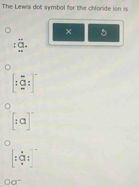 The Lewis dot symbol for the chloride ion is
× 5.
a.
a
Cl^-