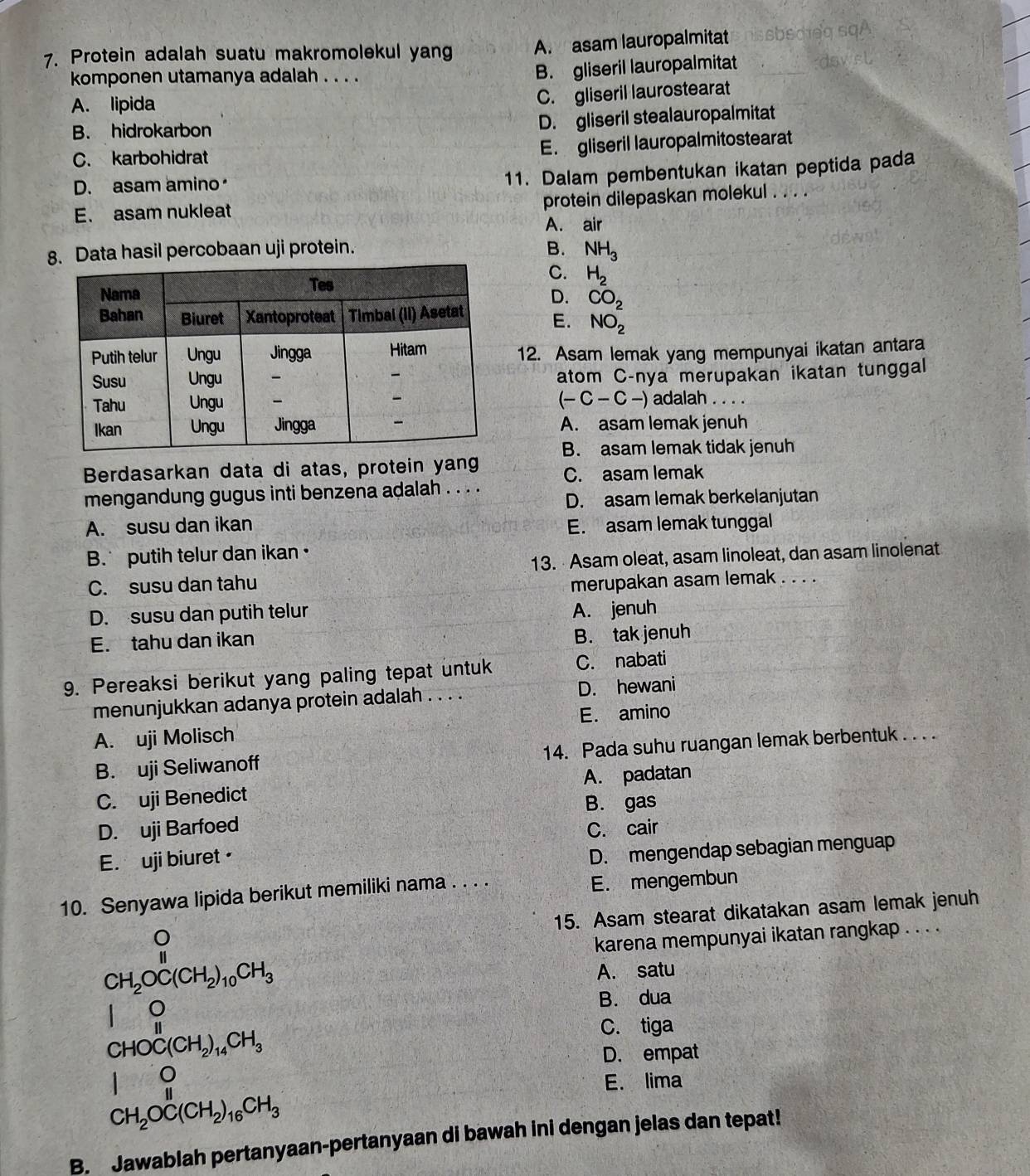 Protein adalah suatu makromolekul yang A. asam lauropalmitat
Sª sa
komponen utamanya adalah . . . .
B. gliseril lauropalmitat
A. lipida
C. gliseril laurostearat
B. hidrokarbon
D. gliseril stealauropalmitat
C. karbohidrat E. gliseril lauropalmitostearat
D. asam amino
11. Dalam pembentukan ikatan peptida pada
E. asam nukleat protein dilepaskan molekul . . . .
A. air
. Data hasil percobaan uji protein. B. NH_3
C. H_2
D. CO_2
E. NO_2^(-
12. Asam lemak yang mempunyai ikatan antara
atom C-nya merupakan ikatan tunggal
(-C-C-) adalah . . . .
A. asam lemak jenuh
B. asam lemak tidak jenuh
Berdasarkan data di atas, protein yang C. asam lemak
mengandung gugus inti benzena adalah . . . .
D. asam lemak berkelanjutan
A. susu dan ikan E. asam lemak tunggal
B. putih telur dan ikan·
13. Asam oleat, asam linoleat, dan asam linolenat
C. susu dan tahu
merupakan asam lemak . . . .
D. susu dan putih telur
A. jenuh
E. tahu dan ikan
B. tak jenuh
9. Pereaksi berikut yang paling tepat untuk C. nabati
menunjukkan adanya protein adalah . . . . D. hewani
A. uji Molisch E. amino
B. uji Seliwanoff 14. Pada suhu ruangan lemak berbentuk . . . .
C. uji Benedict A. padatan
B. gas
D. uji Barfoed C. cair
E.  uji biuret "
D. mengendap sebagian menguap
10. Senyawa lipida berikut memiliki nama . . . . E. mengembun
15. Asam stearat dikatakan asam lemak jenuh
beginarray)r O CH_2OC(CH_2)_10CH_3endarray
karena mempunyai ikatan rangkap . . . .
A. satu
beginarrayr 10 CHOC(CH_2)_14CH_3endarray
B. dua
C. tiga
D. empat
beginarrayr 10 CH_2OC(CH_2)_16CH_3endarray E. lima
B. Jawablah pertanyaan-pertanyaan di bawah ini dengan jelas dan tepat!