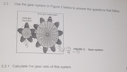 2.2 Use the gear system in Figure 2 below to answer the questions that follow. 
FIGURE 2: Gear system 
2.2.1 Calculate the gear ratio of this system.