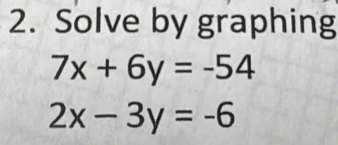 Solve by graphing
7x+6y=-54
2x-3y=-6