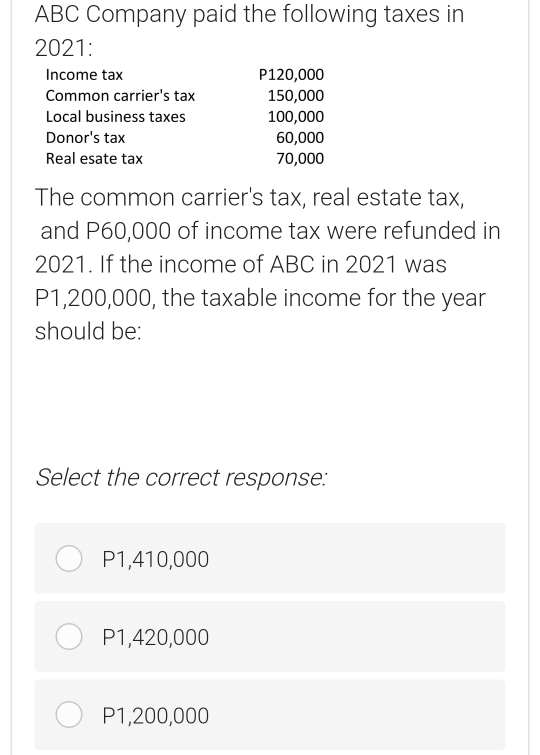Solved: ABC Company paid the following taxes in 2021: Income tax P120 ...