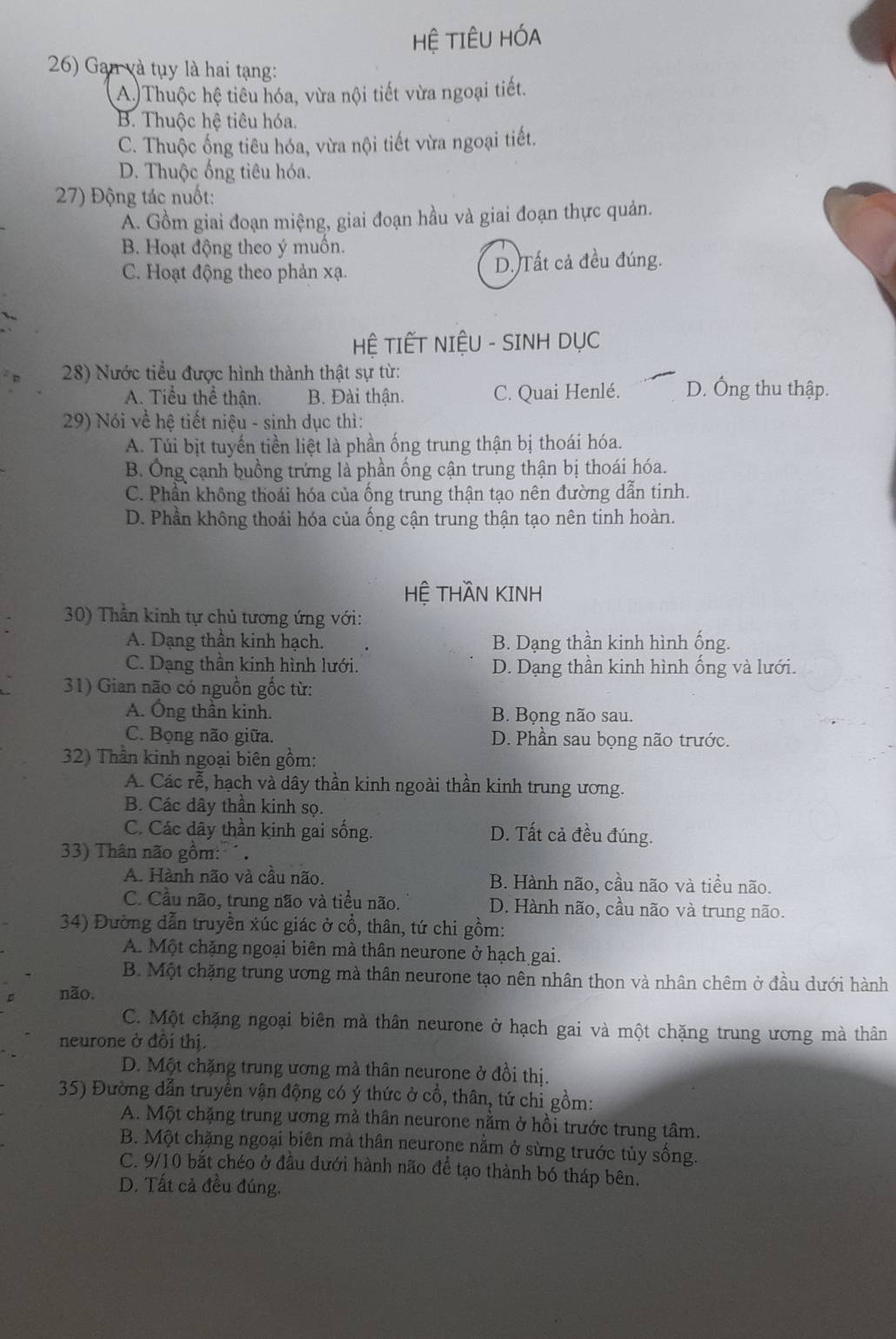 Hệ TIÊU HÓA
26) Gan và tụy là hai tạng:
A.)Thuộc hệ tiểu hóa, vừa nội tiết vừa ngoại tiết.
B. Thuộc hệ tiêu hóa.
C. Thuộc ống tiêu hóa, vừa nội tiết vừa ngoại tiết.
D. Thuộc ống tiêu hóa.
27) Động tác nuốt:
A. Gồm giai đoạn miệng, giai đoạn hầu và giai đoạn thực quản.
B. Hoạt động theo ý muồn.
C. Hoạt động theo phản xạ. D. Tất cả đều đúng.
Hệ TIẾT NIÊU - SINH DỤC
28) Nước tiểu được hình thành thật sự từ: D. Ông thu thập.
A. Tiểu thể thận. B. Đài thận. C. Quai Henlé.
29) Nói về hệ tiết niệu - sinh dục thì:
A. Túi bịt tuyến tiền liệt là phần ống trung thận bị thoái hóa.
B. Ông cạnh buồng trứng là phần ống cận trung thận bị thoái hóa.
C. Phần không thoái hóa của ống trung thận tạo nên đường dẫn tinh.
D. Phần không thoái hóa của ống cận trung thận tạo nên tinh hoàn.
HỆ THÃN KINH
30) Thần kinh tự chủ tương ứng với:
A. Dạng thần kinh hạch. B. Dạng thần kinh hình ống.
C. Dạng thần kinh hình lưới. D. Dạng thần kinh hình ống và lưới.
31) Gian não có nguồn gốc từ:
A. Ông thần kinh. B. Bọng não sau.
C. Bọng não giữa. D. Phần sau bọng não trước.
32) Thần kinh ngoại biên gồm:
A. Các rễ, hạch và dây thần kinh ngoài thần kinh trung ương.
B. Các dây thần kinh sọ.
C. Các dây thần kinh gai sống. D. Tất cả đều đúng.
33) Thân não gồm:  
A. Hành não và cầu não. B. Hành não, cầu não và tiểu não.
C. Cầu não, trung não và tiểu não. D. Hành não, cầu não và trung não.
34) Đường dẫn truyền xúc giác ở cổ, thân, tứ chi gồm:
A. Một chặng ngoại biên mà thân neurone ở hạch gai.
B. Một chặng trung ương mà thân neurone tạo nên nhân thon và nhân chêm ở đầu dưới hành
não.
C. Một chặng ngoại biên mà thân neurone ở hạch gai và một chặng trung ương mà thân
neurone ở đôi thị.
D. Một chặng trung ương mà thân neurone ở đồi thị.
35) Đường dẫn truyền vận động có ý thức ở cổ, thân, tứ chỉ gồm:
A. Một chặng trung ương mà thân neurone nằm ở hồi trước trung tâm.
B. Một chặng ngoại biên mà thân neurone nằm ở sừng trước tủy sống.
C. 9/10 bắt chéo ở đầu dưới hành não để tạo thành bó tháp bên.
D. Tất cả đều đúng.