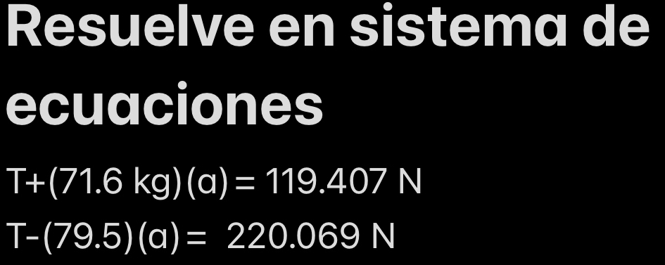 Resuelve en sistema de 
ecuaciones
T+(71.6kg)(a)=119.407N
T-(79.5)(a)=220.069N