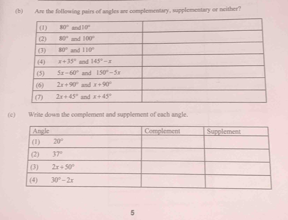 Are the following pairs of angles are complementary, supplementary or neither?
(c) Write down the complement and supplement of each angle.
5