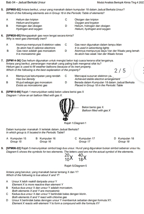 Bab 04 - Jadual Berkala Unsur Modul Analisis Bertopik Kimia Ting 4 202
5. [SPM05-02] Antara berikut, unsur yang manakah dalam kumpulan 18 dalam Jadual Berkala Unsur?
Which of the following elements are in Group 18 in the Periodic Table of elements?
A Helium dan kripton C Oksigen dan kripton
Helium and kryptor Oxygen and krypton
B Hidrogen dan oksigen D  Helium, hidrogen dan oksigen
Hydrogen and oxygen Helium, hydrogen and oxygen
6. [SPM20-05] Mengapakah gas neon lengai secara kimia?
Why is neon gas chemically inert?
A Atomnya mempunyai 8 elektron vales C Gas neon digunakan dalam lampu iklan
Its atom has 8 valence electrons It is used in advertising lights
B Gas neon adalah gas monoatom D Atomnya mempunyai daya Van der Waals yang lemah
It is monoatomic gas Its atom has weak Van der Waals forces
7. [SPM14-36] Gas helium digunakan untuk mengisi belon kaji cuaca kerana sifat lengainya.
Antara yang berikut, penerangan manakah yang paling baik mengenai sifat itu?
Helium gas is used to fill weather balloons because of its inert property.
Which of the following is the best explanation of the property? 2 / 5
A Mempunyai ketumpatan yang rendah C Mencapai susunan elektron ya
Achieved stable electron arrangement
Has low density  Berada dalam Kumpulan 18 dalam Jadual Berkala
B Wujud sebagai gas monoatom D Placed in Group 18 in the Periodic Table
Exists as monoatomic gas
8. [SPM10-09] Rajah 1 menunjukkan sebiji belon udara berisi gas X
Diagram 1 show an air balloon filled with gas X.
Dalam kumpulan manakah X terletak dalam Jadual Berkala?
In which group is X located in the Periodic Table?
A Kumpulan 15 B Kumpullan 16 C Kumpulan 17 D Kumpulan 18
Group 15 Group 16 Group 17 Group 18
9. [SPM06-22] Rajah 5 menunjukkan simbol baqi dua unsur. Huruf yang diqunakan bukan simbol sebenar unsur itu.
Diagram 5 shows the symbols for two elements. The letters used are not the actual symbol of the elements.
_(10)^(20)* _(18)^(40)X
Rajah 5/Diagram 5
Antara yang berukut, yang manakah benar tentang X dan Y?
Which of the following is true about X and Y?
A Unsur X lebih reaktif daripada unsur Y
Element X is more reactive than element Y
B Kedua-dua unsur X dan unsur Y adalah monoatom.
Both elements X and Y are monoatomic
C Kedua-dua unsur X dan unsur Y bertindak balas dengan klorin.
Both elements X and Y react with chlorine gas
D Unsur X bertindak balas denngan unsur Y membentuk sebatian dengan formula XY.
Element X reacts with element Y to form a compound with the formula XY