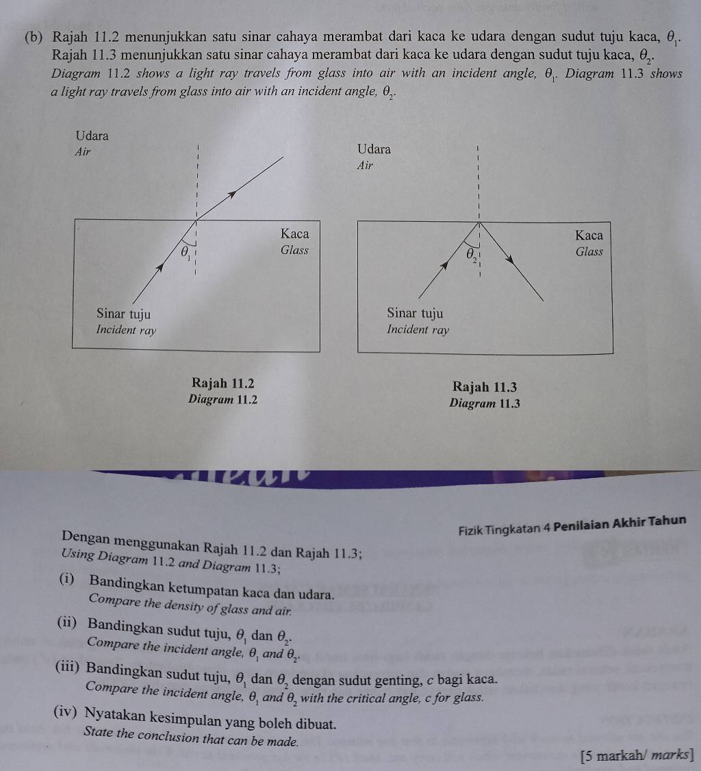 Rajah 11.2 menunjukkan satu sinar cahaya merambat dari kaca ke udara dengan sudut tuju kaca, θ _1.
Rajah 11.3 menunjukkan satu sinar cahaya merambat dari kaca ke udara dengan sudut tuju kaca, θ _2.
Diagram 11.2 shows a light ray travels from glass into air with an incident angle, θ _1. Diagram 11.3 shows
a light ray travels from glass into air with an incident angle, θ _2.

Rajah 11.2 Rajah 11.3
Diagram 11.2 Diagram 11.3
Fizik Tingkatan 4 Penilaian Akhir Tahun
Dengan menggunakan Rajah 11.2 dan Rajah 11.3;
Using Diagram 11.2 and Diagram 11.3;
(i) Bandingkan ketumpatan kaca dan udara.
Compare the density of glass and air.
(ii) Bandingkan sudut tuju, θ _1 dan θ _2.
Compare the incident angle, θ _1 and θ _2.
(iii) Bandingkan sudut tuju, θ _1 dan θ _2 dengan sudut genting, c bagi kaca.
Compare the incident angle, θ _1 and θ _2 with the critical angle, c for glass.
(iv) Nyatakan kesimpulan yang boleh dibuat.
State the conclusion that can be made.
[5 markah/ marks]