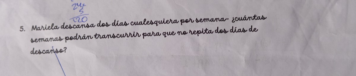 Mariela descansa dos días cualesquiera por semana- ¿cuántas 
semanas podrán transcurrir para que no repita dos días de 
descariso?