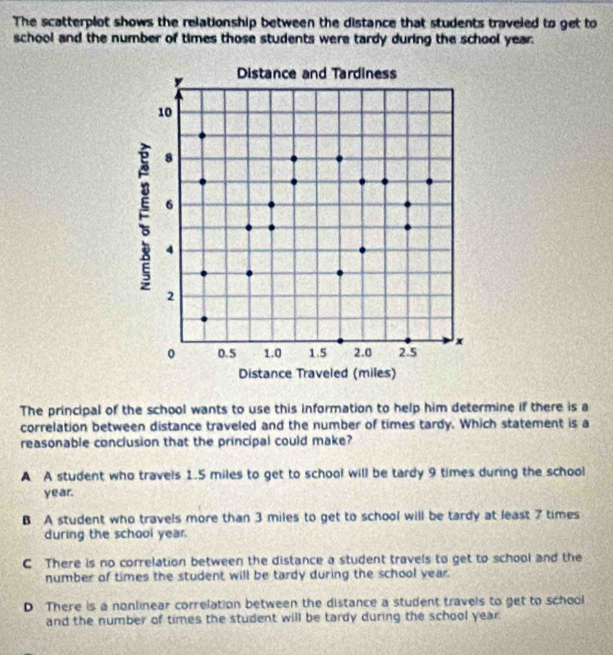 The scatterplot shows the relationship between the distance that students traveled to get to
school and the number of times those students were tardy during the school year.
The principal of the school wants to use this information to help him determine if there is a
correlation between distance traveled and the number of times tardy. Which statement is a
reasonable conclusion that the principal could make?
A A student who travels 1.5 miles to get to school will be tardy 9 times during the school
year.
B A student who travels more than 3 miles to get to school will be tardy at least 7 times
during the school year.
C There is no correlation between the distance a student travels to get to school and the
number of times the student will be tardy during the school year.
D There is a nonlinear correlation between the distance a student travels to get to school
and the number of times the student will be tardy during the school year.