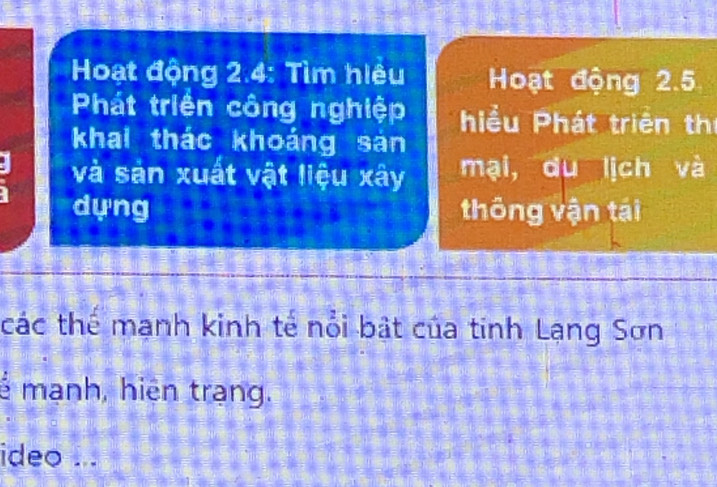 Hoạt động 2.4: Tìm hiệu Hoạt động 2.5
Phát triển công nghiệp hiều Phát triển thị 
khai thác khoáng sān 
và sản xuất vật liệu xây mại, du lịch và 
dựng thông vận tái 
các thế mạnh kinh tế nổi bật của tinh Lạng Sơn 
é mạnh, hiên trang. 
ideo ...