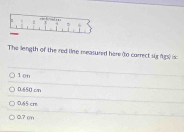 0 1 2 centimaters
4 5 6
1
1
The length of the red line measured here (to correct sig figs) is:
1 cm
0.650 cm
0.65 cm
0.7 cm