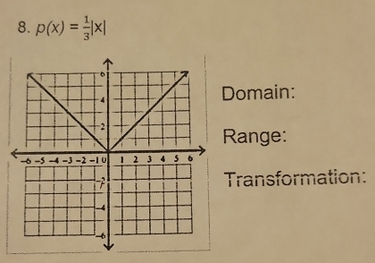 p(x)= 1/3 |x|
Domain: 
Range: 
Transformation: