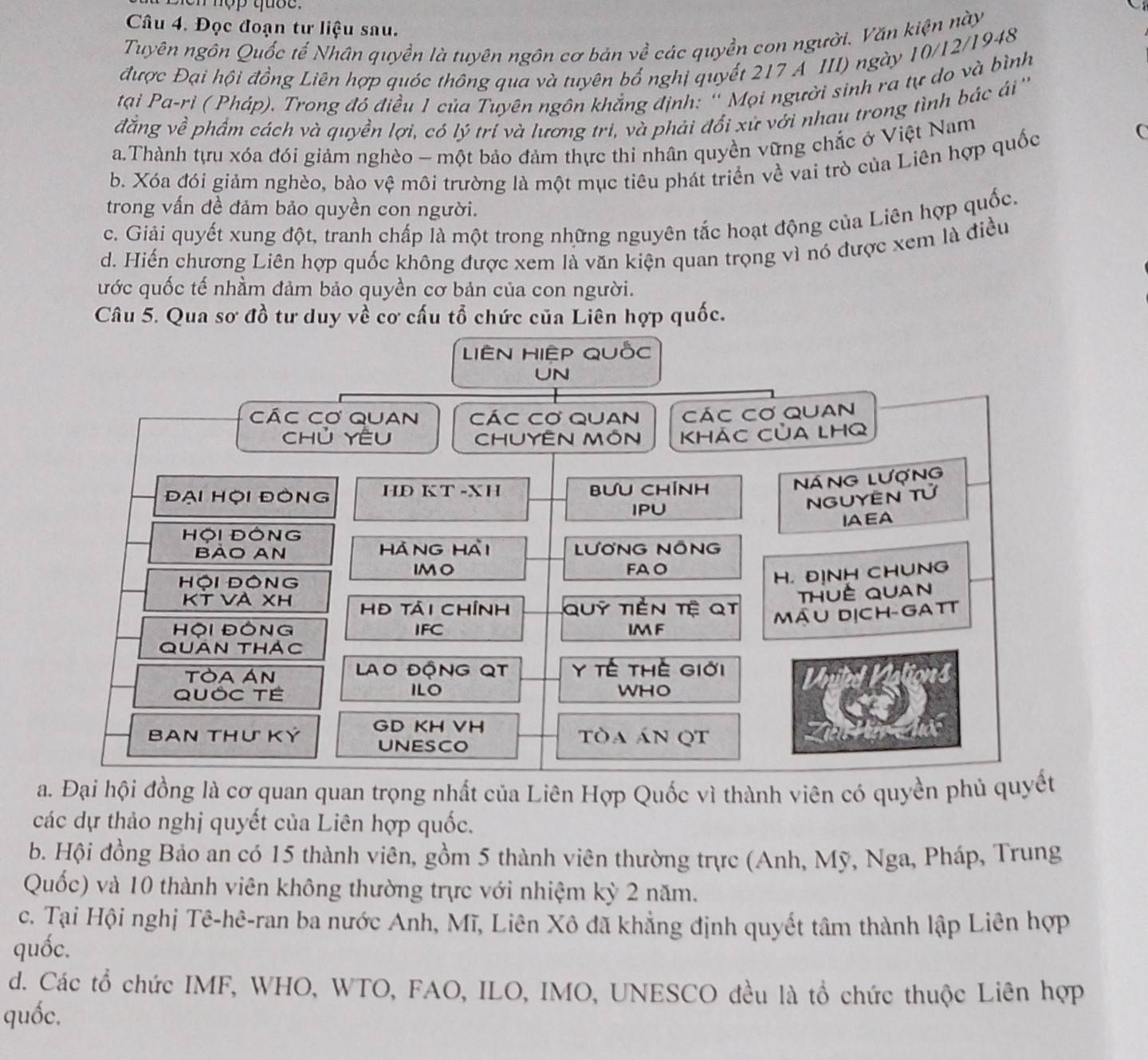 Đọc đoạn tư liệu sau.
Tuyên ngôn Quốc tế Nhân quyền là tuyên ngôn cơ bản về các quyền con người. Văn kiện này
được Đại hội đồng Liên hợp quốc thông qua và tuyên bố nghị quyết 217 A III) ngày 10/12/1948
tại Pa-ri ( Pháp). Trong đó điều 1 của Tuyên ngôn khẳng định: '' Mọi người sinh ra tự do và bình
đẳng về phẩm cách và quyền lợi, có lý trí và lương tri, và phải đổi xứ với nhau trong tình bác ái '''
a.Thành tựu xóa đói giảm nghèo - một bảo đảm thực thi nhân quyền vững chắc ở Việt Nam
b. Xóa đói giảm nghèo, bào vệ môi trường là một mục tiêu phát triển về vai trò của Liên hợp quốc
C
trong vấn đề đảm bảo quyền con người.
c. Giải quyết xung đột, tranh chấp là một trong những nguyên tắc hoạt động của Liên hợp quốc.
d. Hiến chương Liên hợp quốc không được xem là văn kiện quan trọng vì nó được xem là điều
ước quốc tế nhầm đảm bảo quyền cơ bản của con người.
Câu 5. Qua sơ đồ tư duy về cơ cấu tổ chức của Liên hợp quốc.
Liên HiệP quốc
UN
Các Cơ quan CáC Cơ QUAN CáC Cơ QUan
Chủ yêu CHUYÊN Môn Khác CủA LHQ
Đại Hội đòng HD KT -XH bƯu Chính NÁNG Lượng
IPU
NGUYEN Tử
IAEA
HộI ĐỒNG
Bào An Háng Hài LƯơNG NỒNG
IMO FAO
Hội ĐộNG
H. ĐỊNH CHUNG
thuế Quan
KT Và xh hĐ tái chính Quỹ tiền tệ qt Mậu DịCh-Gatt
Hội ĐỒNG IFC IMF
Quán thác
Tòa Án LAO ĐộNG QT y tế thế giới
ILO
Quốc Tề WHO
BAN THư Ký GD KH VH tòa án qt
UNESCO
a. Đại hội đồng là cơ quan quan trọng nhất của Liên Hợp Quốc vì thành viên có quyền phủ quyết
các dự thảo nghị quyết của Liên hợp quốc.
b. Hội đồng Bảo an có 15 thành viên, gồm 5 thành viên thường trực (Anh, Mỹ, Nga, Pháp, Trung
Quốc) và 10 thành viên không thường trực với nhiệm kỳ 2 năm.
c. Tại Hội nghị Tê-hê-ran ba nước Anh, Mĩ, Liên Xô đã khẳng định quyết tâm thành lập Liên hợp
quốc.
d. Các tổ chức IMF, WHO, WTO, FAO, ILO, IMO, UNESCO đều là tổ chức thuộc Liên hợp
quốc.