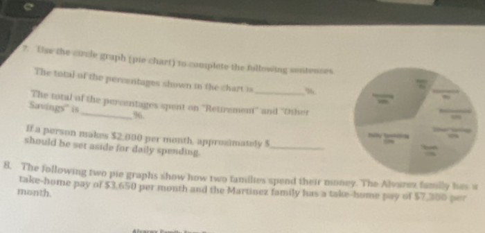 ?. Use the circle graph (pie chart) to complete the following sentenses 
The total of the percentages shown in the chart is %. 
The total of the percentages spent on ''Retirement'' and 'thher 
Savings" is_ 96. 
If a person makes $2,000 per month, approximately $ _ 
should be set aside for daily spending. 
8. The following two pie graphs show how two families spend their money. The Alvarez family hes w 
take-home pay of $3,650 per month and the Martinez family has a take-home pay of $7,350 per
month.