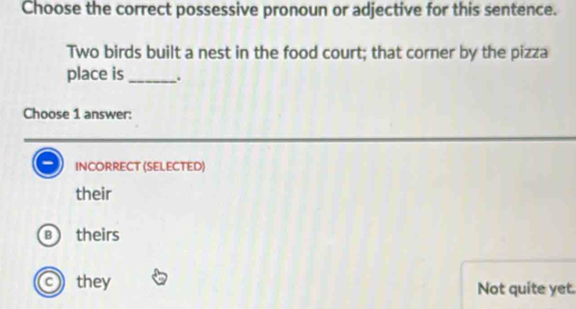 Choose the correct possessive pronoun or adjective for this sentence.
Two birds built a nest in the food court; that corner by the pizza
place is_ .
Choose 1 answer:
Incorrect (selected)
their
Btheirs
C they
Not quite yet.