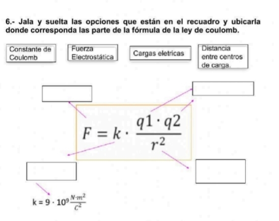 6.- Jala y suelta las opciones que están en el recuadro y ubicarla 
donde corresponda las parte de la fórmula de la ley de coulomb. 
Constante de Fuerza Distancia 
Coulomb Electrostática Cargas eletricas entre centros 
de carga.
F=k·  q1· q2/r^2 
□
k=9· 10^9 N· m^2/C^2 