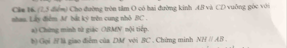 Cầu 16. (2,5 điểm) Cho đường tròn tâm O có hai đường kính AB và CD vuông góc với 
nhan. Lây điểm M bắt kỳ trên cung nhỏ BC. 
a) Chứng minh tử giác OBMN nội tiếp. 
b) Gọi H là giao điểm của DM với BC. Chứng minh NHparallel AB