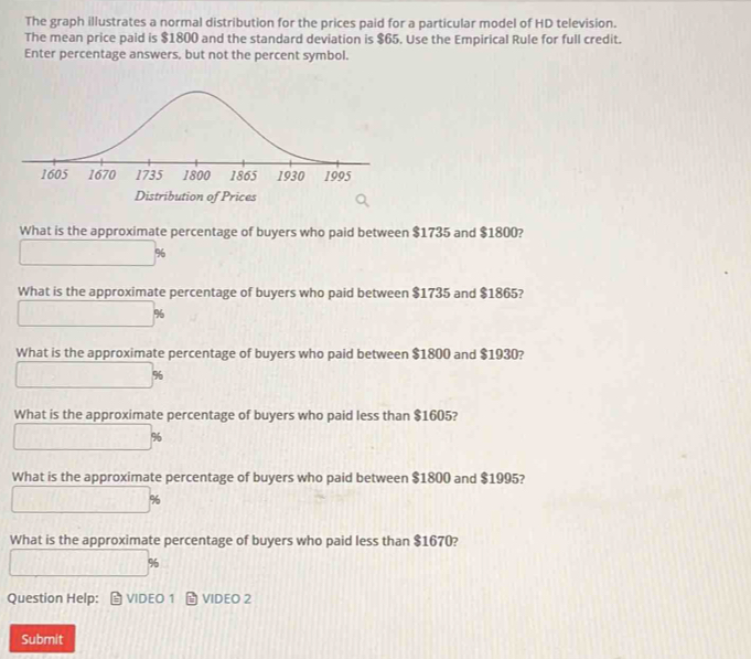 The graph illustrates a normal distribution for the prices paid for a particular model of HD television. 
The mean price paid is $1800 and the standard deviation is $65. Use the Empirical Rule for full credit. 
Enter percentage answers, but not the percent symbol. 
What is the approximate percentage of buyers who paid between $1735 and $1800?
%
What is the approximate percentage of buyers who paid between $1735 and $1865?
%
What is the approximate percentage of buyers who paid between $1800 and $1930?
%
What is the approximate percentage of buyers who paid less than $1605?
%
What is the approximate percentage of buyers who paid between $1800 and $1995?
%
What is the approximate percentage of buyers who paid less than $1670?
%
Question Help: VIDEO 1 L VIDEO 2 
Submit