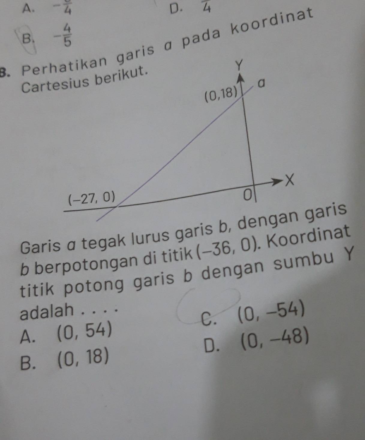 A. -frac 4 D. overline 4
B. - 4/5 . Perhatikan garis a pada koordinat
b berpotongan di titik (-36,0). Koordinat
titik potong garis b dengan sumbu Y
adalah . . . .
C. (0,-54)
A. (0,54)
D. (0,-48)
B. (0,18)