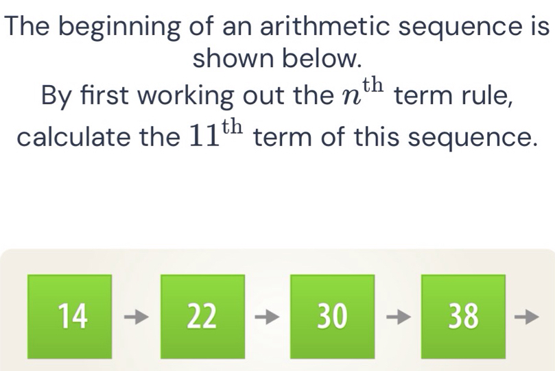 The beginning of an arithmetic sequence is
shown below.
By first working out the n^(th) term rule,
calculate the 11^(th) term of this sequence.
14
22
30
38