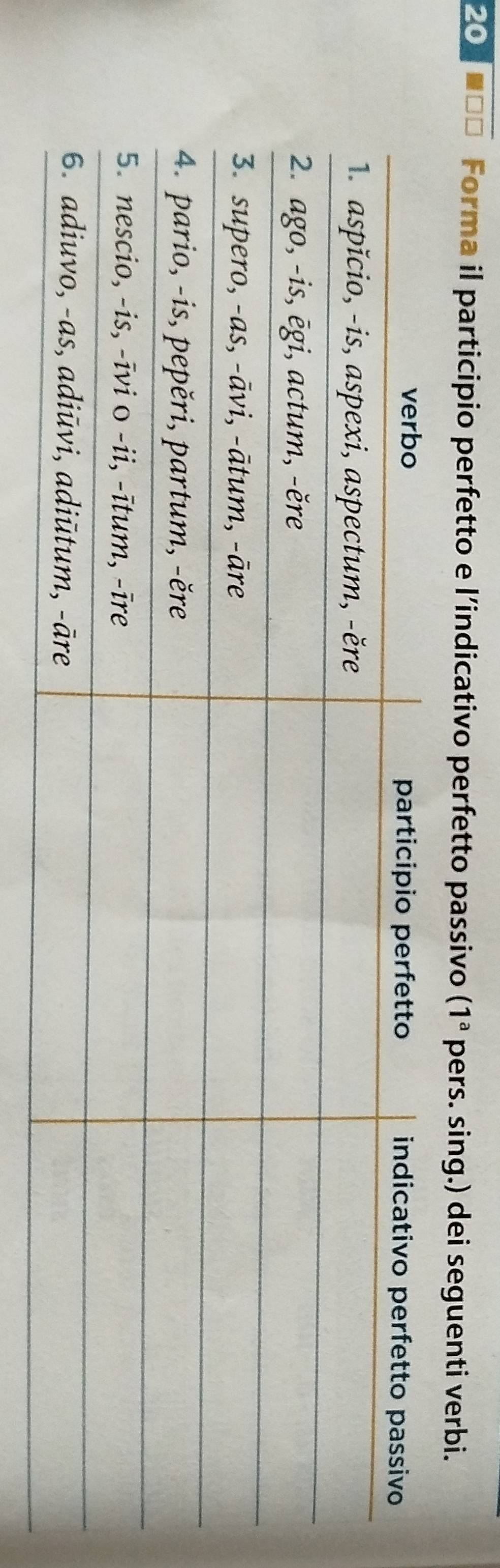 20 □□ Forma il participio perfetto e l’indicativo perfetto passivo (1^a pers. sing.) dei seguenti verbi.