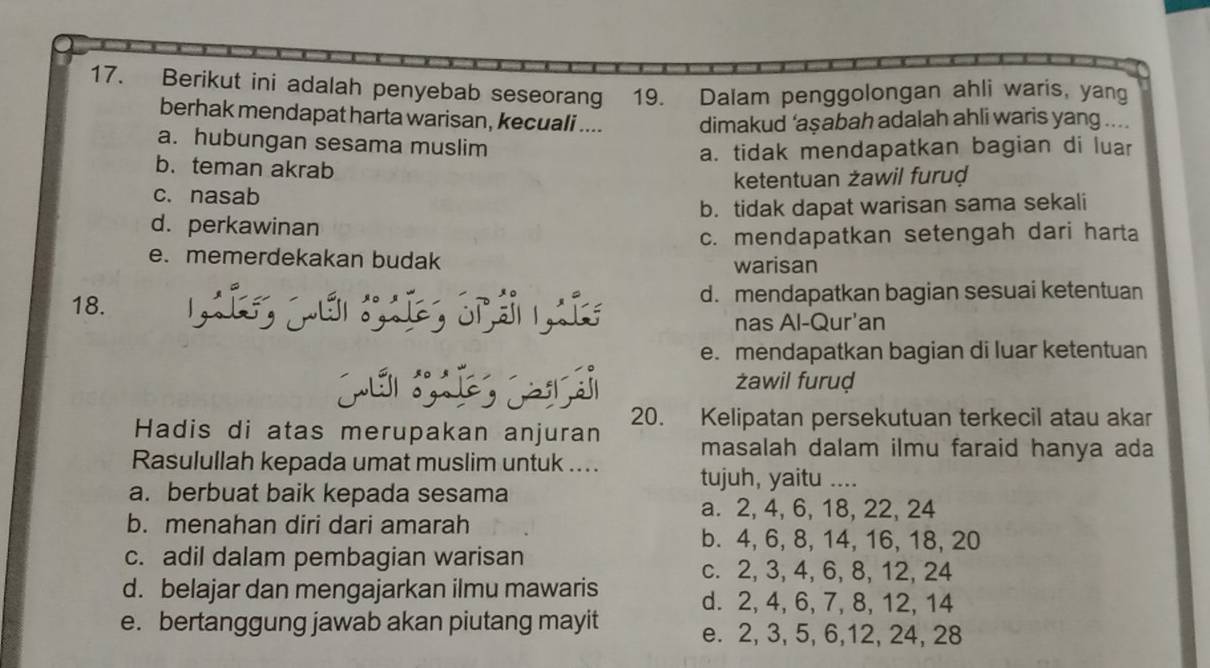 Berikut ini adalah penyebab seseorang 19. Dalam penggolongan ahli waris, yang
berhak mendapat harta warisan, kecuali .... dimakud ‘aşabah adalah ahli waris yang ....
a. hubungan sesama muslim
a. tidak mendapatkan bagian di luar
b. teman akrab
c. nasab ketentuan żawil furuḍ
d. perkawinan b. tidak dapat warisan sama sekali
c. mendapatkan setengah dari harta
e. memerdekakan budak warisan
18. d. mendapatkan bagian sesuai ketentuan
nas Al-Qur'an
e. mendapatkan bagian di luar ketentuan
żawil furuḍ
Hadis di atas merupakan anjuran 20. Kelipatan persekutuan terkecil atau akar
masalah dalam ilmu faraid hanya ada
Rasulullah kepada umat muslim untuk .... tujuh, yaitu ....
a. berbuat baik kepada sesama
a. 2, 4, 6, 18, 22, 24
b. menahan diri dari amarah
b. 4, 6, 8, 14, 16, 18, 20
c. adil dalam pembagian warisan c. 2, 3, 4, 6, 8, 12, 24
d. belajar dan mengajarkan ilmu mawaris d. 2, 4, 6, 7, 8, 12, 14
e. bertanggung jawab akan piutang mayit e. 2, 3, 5, 6, 12, 24, 28