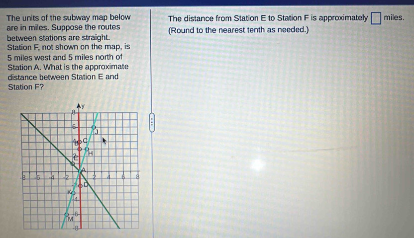 The units of the subway map below The distance from Station E to Station F is approximately □ miles.
are in miles. Suppose the routes (Round to the nearest tenth as needed.)
between stations are straight.
Station F, not shown on the map, is
5 miles west and 5 miles north of
Station A. What is the approximate
distance between Station E and
Station F?
.