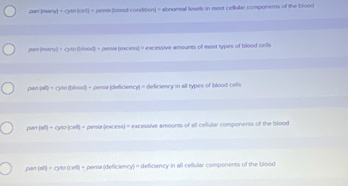 pan (many) + cyto (cell) + penía (blood condition) = abnormal levels in most cellular components of the blood
pan (many) + cyto (blood) + penia (excess) = excessive amounts of most types of blood cells
pan (all) + cyto (blood) + penía (deficiency) = deficiency in all types of blood cells
pan (all) + cyto (cell) + penia (excess) = excessive amounts of all cellular components of the blood
pan (all) + cyto (cell) + penia (deficiency) = deficiency in all cellular components of the blood