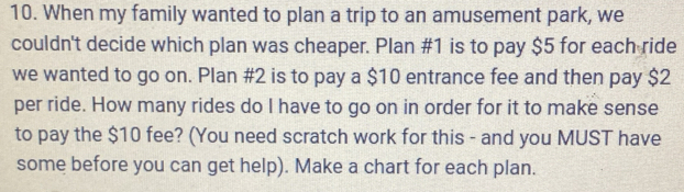 When my family wanted to plan a trip to an amusement park, we 
couldn't decide which plan was cheaper. Plan # 1 is to pay $5 for each ride 
we wanted to go on. Plan # 2 is to pay a $10 entrance fee and then pay $2
per ride. How many rides do I have to go on in order for it to make sense 
to pay the $10 fee? (You need scratch work for this - and you MUST have 
some before you can get help). Make a chart for each plan.