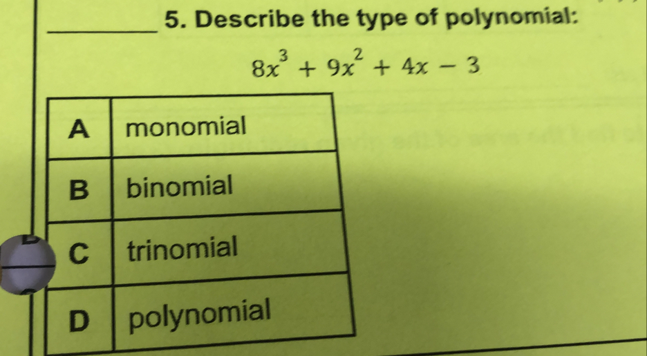 Describe the type of polynomial:
8x^3+9x^2+4x-3