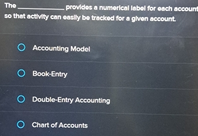 Solved: The _provides a numerical label for each account so that ...