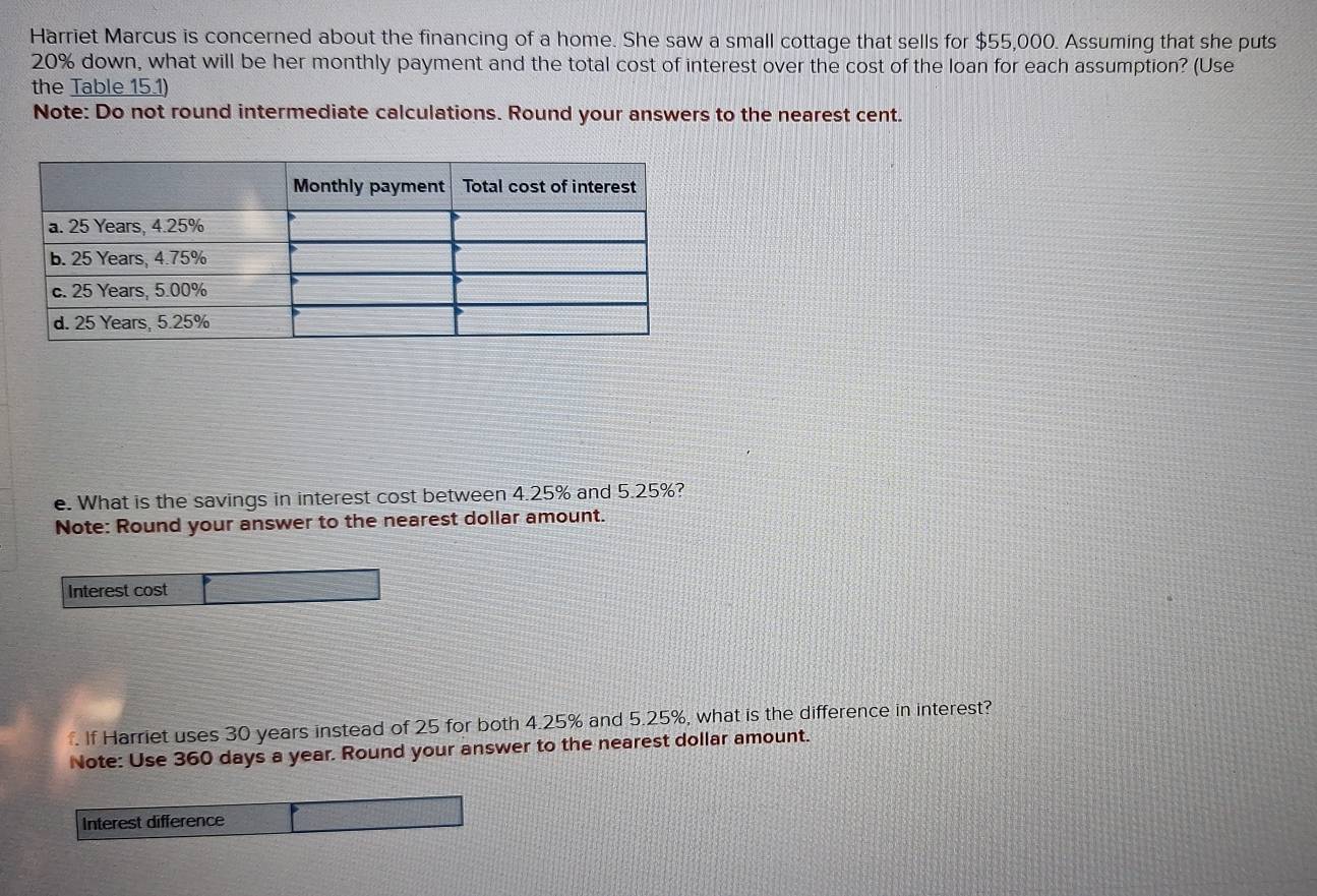 Harriet Marcus is concerned about the financing of a home. She saw a small cottage that sells for $55,000. Assuming that she puts
20% down, what will be her monthly payment and the total cost of interest over the cost of the loan for each assumption? (Use 
the Table 15.1) 
Note: Do not round intermediate calculations. Round your answers to the nearest cent. 
e. What is the savings in interest cost between 4.25% and 5.25%? 
Note: Round your answer to the nearest dollar amount. 
Interest cost 
. If Harriet uses 30 years instead of 25 for both 4.25% and 5.25%, what is the difference in interest? 
Note: Use 360 days a year. Round your answer to the nearest dollar amount. 
Interest difference