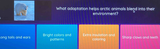 What adaptation helps arctic animals blend into their
environment?
ong tails and ears Bright colors and Extra insulation and Sharp claws and teeth
patterns coloring