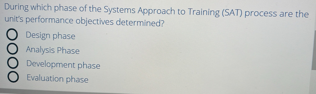 During which phase of the Systems Approach to Training (SAT) process are the
unit's performance objectives determined?
Design phase
Analysis Phase
Development phase
Evaluation phase