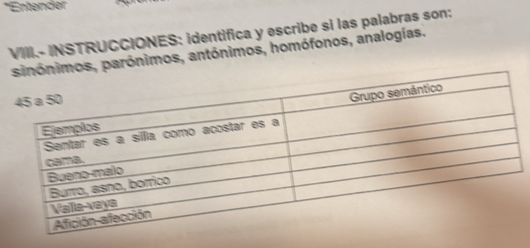 Entender 
VIIl.- INSTRUCCIONES: identifica y escribe si las palabras son: 
parónimos, antónimos, homófonos, analogías.