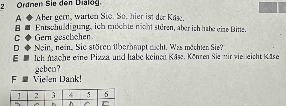 Ordnen Sie den Dialog.
A ◆ Aber gern, warten Sie. So, hier ist der Käse.
B Entschuldigung, ich möchte nicht stören, aber ich habe eine Bitte.
C Gern geschehen.
D Nein, nein, Sie stören überhaupt nicht. Was möchten Sie?
E Ich mache eine Pizza und habe keinen Käse. Können Sie mir vielleicht Käse
geben?
F Vielen Dank!